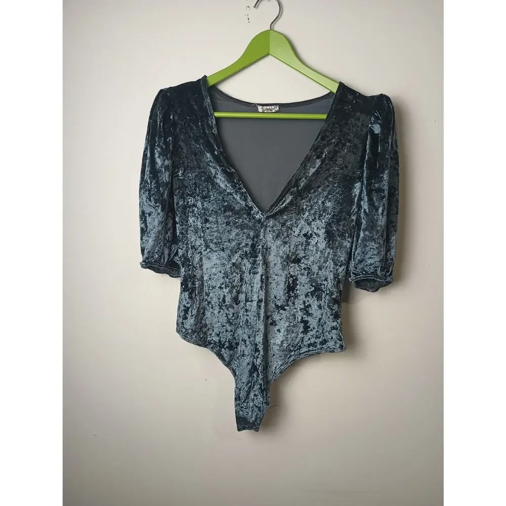 Free People Don't You‎ Wish Velvet Bodysuit Thong Blue Velour Deep V Neck Small